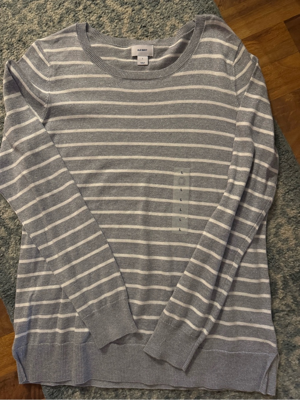 Old Navy Light Gray and White Striped Scoopneck Sweater